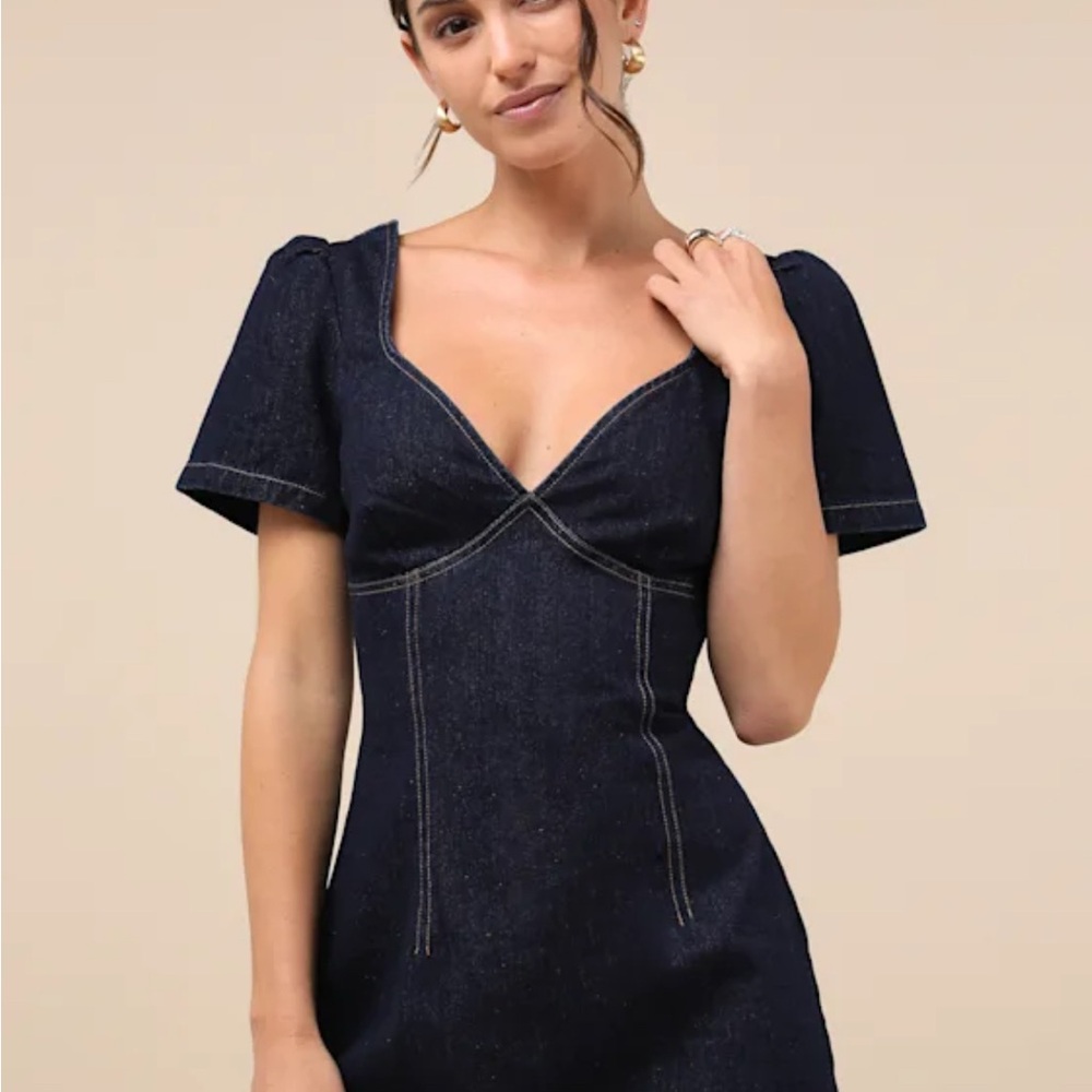 NWOT Lulus Dreamy Strolls Dark Wash Denim Mini Dress Size X Small